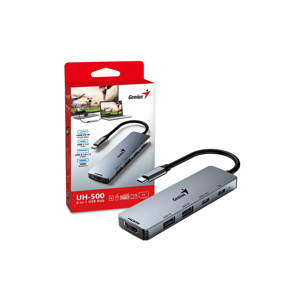 HUB GENIUS USB-C A 5 PUERTOS / USB-A (2) / USB-C (1) / HDMI (1) / PD CARGA (1) /WIN / MAC