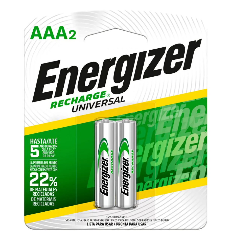 ENERGIZER Pilas recargables tipo AAA NiMH de 1.2V de 700 mAh; pack x 2 unidades. - ENERGIZER