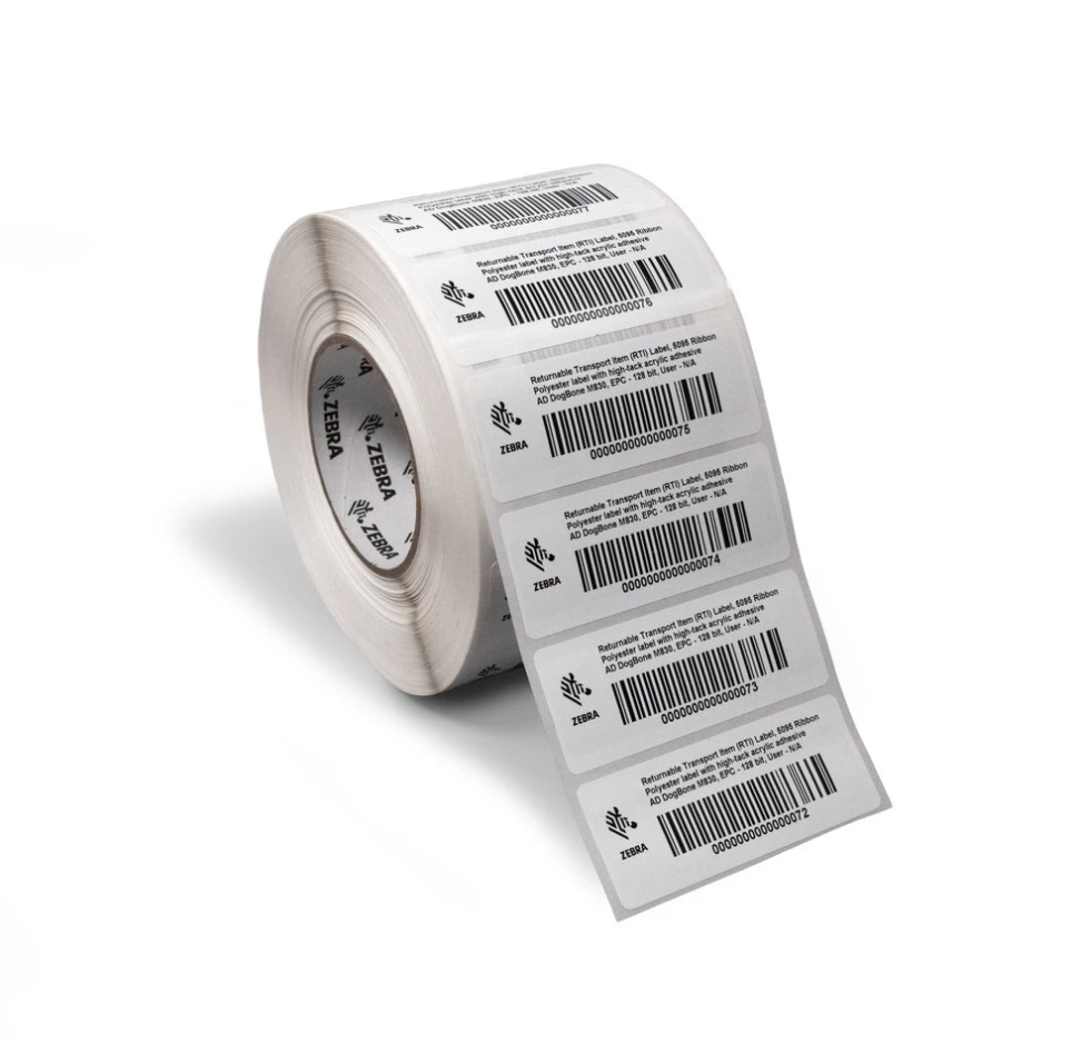 Etiqueta RFID Zebra – 3 7/8" de ancho × 1 5/16" de largo – Rollo – Transferencia térmica – Poliéster – 2000 unidades/rollo – Para impresora de etiquetas