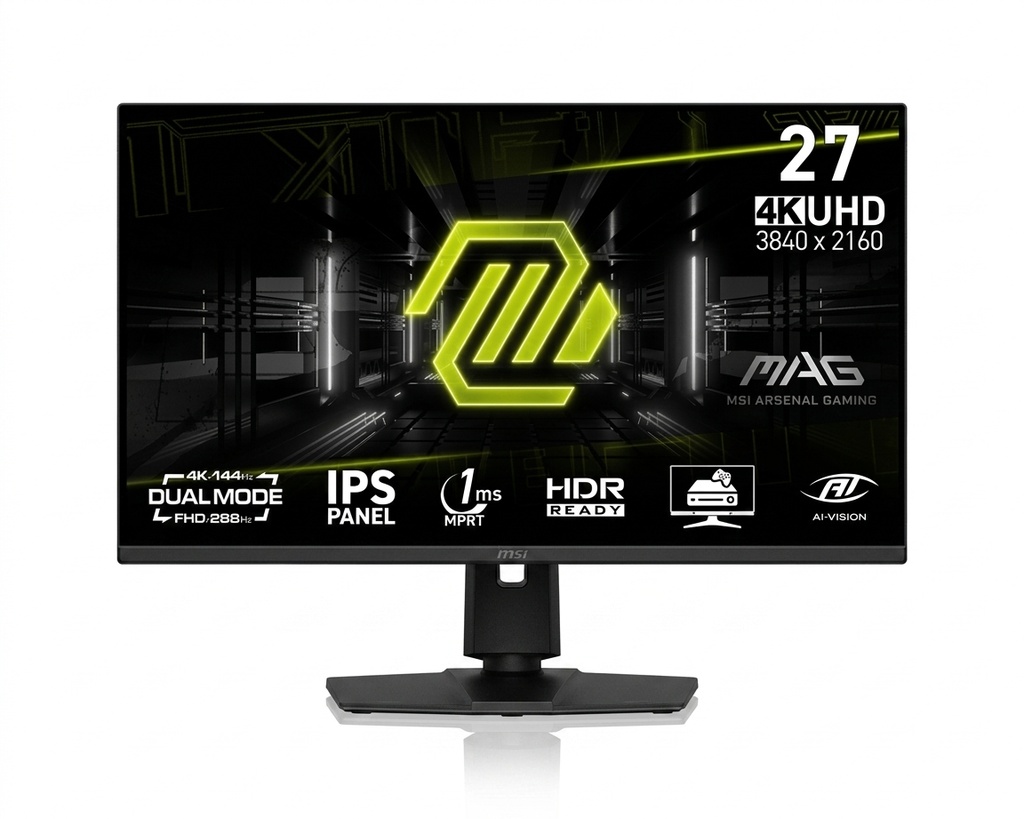 MONITOR MSI MAG PANTALLA PLANA Rapid IPS / 27" UHD 4K (3840 × 2160 ) 144 Hz UHD / 288 Hz FHD / 1 ms MPRT / HDR Ready / HDMI 2.1 ×2 / DP 1.4a